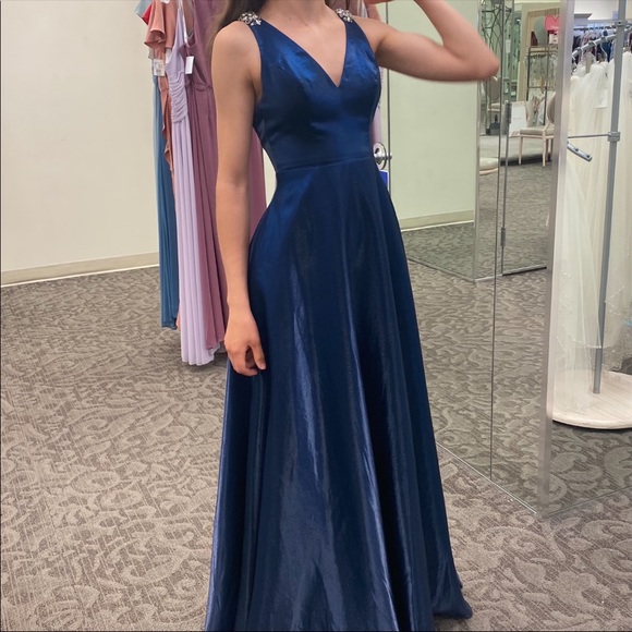 V-Neck Satin Ball Gown with Crystal Strap Details - Picture 2 of 6